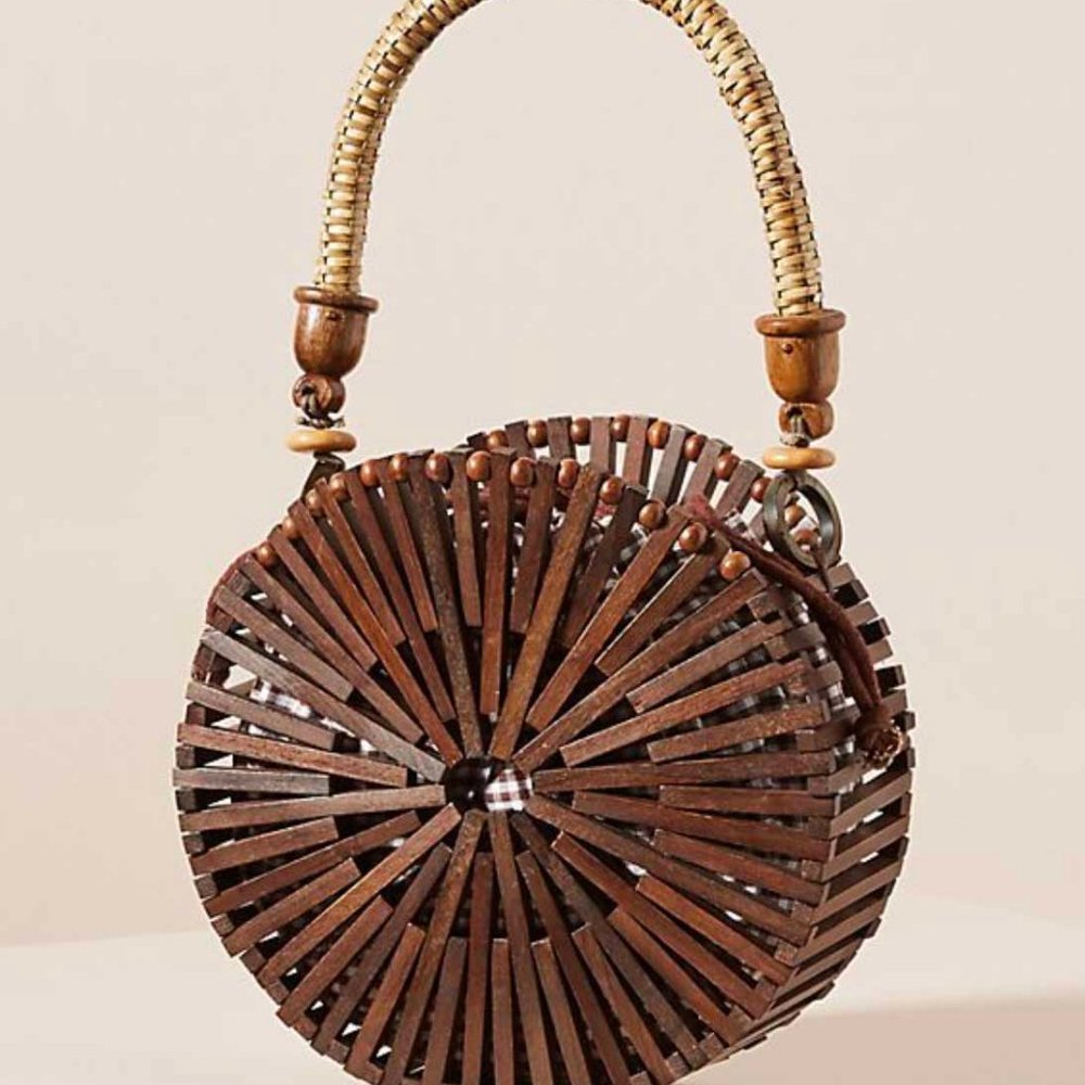 Anthropologie Wicker Woven Beaded Top Handle Round Handbag